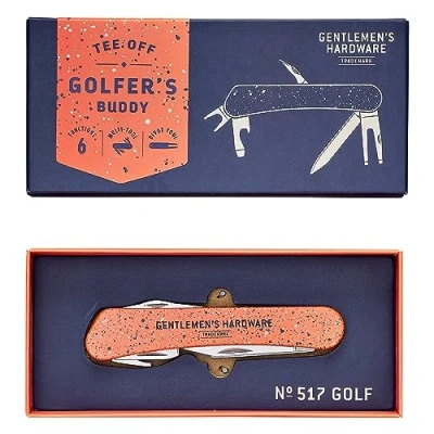 Image of Gentlemen&#039;s Hardware Golf Multi Tool, GEN517, Includes Bottle Opener, Corkscrew, Screwdriver and More. Colour: Orange Navy Speckled Paint Design.