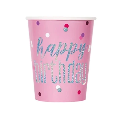 Image of Unique 82248 Paper Cups 266 ml Glitz Foil Pink &amp; Silver Pack of 8, Happy Birthday