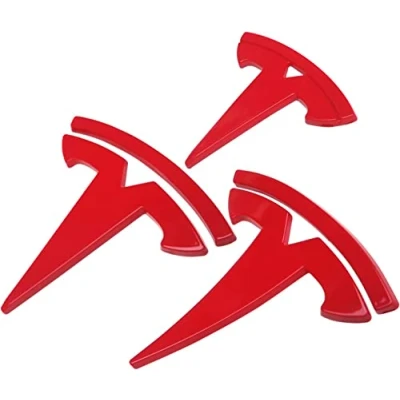 Image of 3 Steering Wheel/Front Trunk/Rear Trunk Logo Cover Sticker Badge Decals 3Pcs/Set for Tesla Model Emblem Accessories,fit model3 red