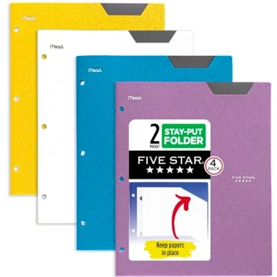 Image of Five Star 2 Pocket Folders, 4 Pack, Plastic Folders with Stay Put Tabs, Fits 3 Ring Binder, Holds 8 1/2 x 11&quot; Paper, Writable Label, Tidewater Blue, White, Amethyst Purple, Harvest Yellow (38065)