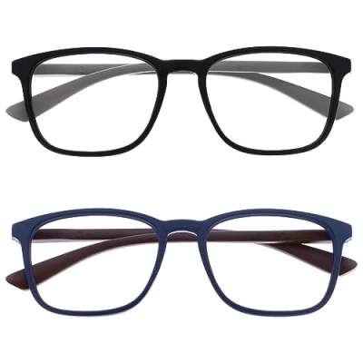 Image of OPULIZE Max Reading Glasses 2 pack Classic Large Rectangular Frame Matt Black Blue Men&#039;s Women&#039;s Unisex Spring Hinges RR78 13 +2.50