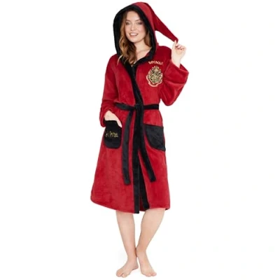 Image of Harry Potter Womens Fleece Dressing Gown with Hood Pockets Tie Waist, Cosy Robe Gifts for Her (Red/Black, L)