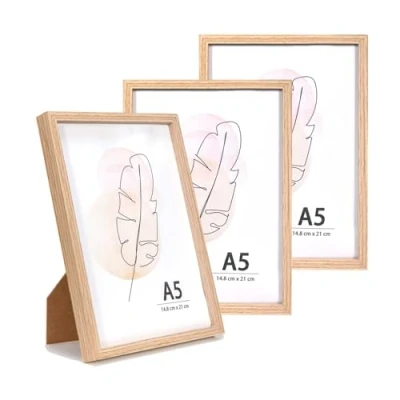 Image of KAIWIN A4 Picture Frame Oak Set of 3, Wooden Poster Frame, 14.8x21 cm Frames for Tabletop and Wall Mounting Display Home, Office,Gallery,Holiday with Photos, Posters