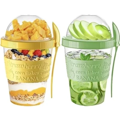 Image of VL Yogurt Pots Spoon Reusable 600ML Overnight Oats Muesli Cup with Lid BPA free Breakfast Cereal To Go Dishwasher Safe Snack Lunch Oatmeal Jars Travel Meal Food Container 20 oz (Yellow,Green)