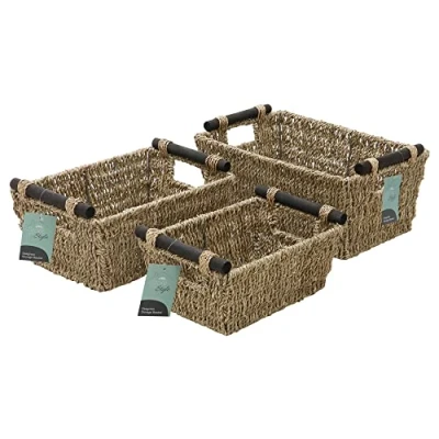 Image of JVL Seagrass Set of 3 Tapered Storage Baskets with Wooden Handles