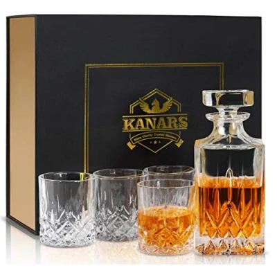 Image of KANARS Whisky Decanter and Glasses Set, 750 ml No Lead Crystal Whiskey with 4 300 ml, 5 Piece, Unique Stylish Gift Box Transparent