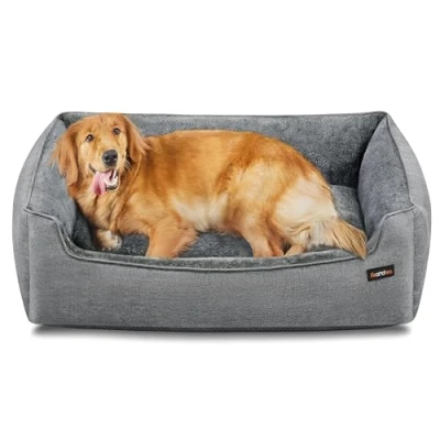 Image of Feandrea Dog Bed, Linen Look Pet Sofa Bed with Raised Edges, Non Slip Bottom, Removable Washable Cover, XL, for Large Dogs, 110 x 75 27 cm, Light Grey