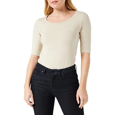 Image of Tommy Hilfiger Women Short Sleeve T Shirt Slim Fit, Beige (Light Sandalwood), M