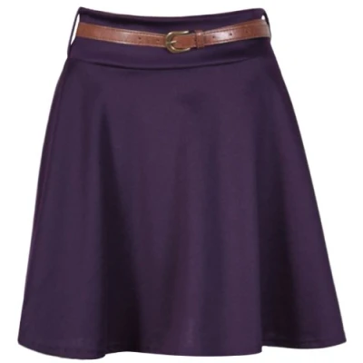 Image of Womens Plain Waist Detachable Belted Ladies Stretch Flared Flippy Short Skater Jersey Mini Skirt Purple Size 16 18 (L/XL)