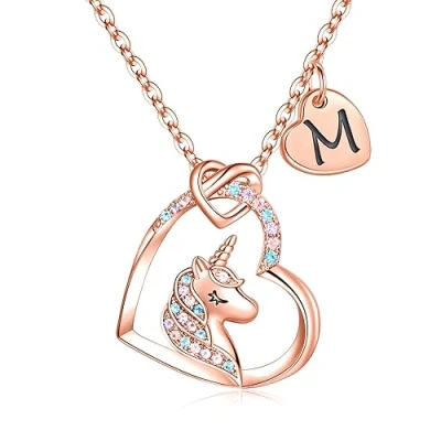 Image of TINGN 7 Year Old Girl Gifts, 14K Rose Gold Plated Colorful Heart Necklace for Girls Unicorn Pendant Letter M Initial Women Birthday Christmas Gifts