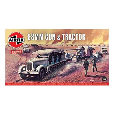 Image of Airfix Vintage Classics Set A02303V 88mm Gun &amp; Tractor Plastic Model Motor Vehicle Kits for Adults Children 8+, Includes 114 Pieces, Sprues Decals 1:76 Scale