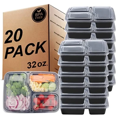 Image of KINGHON Meal Prep Containers Bento Lunch Boxes 3 Compartment,BPA Free Reusable Plastic Food Storage with Airtight Lids,Freezer, Microwave and Dishwasher Safe [20Pack,32 oz]