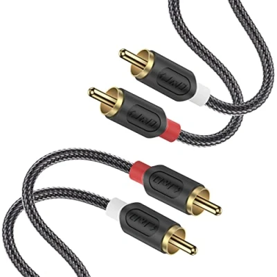 Image of J&amp;D 2 RCA Cables, Cable Gold Plated Audiowave Series Male to Stereo Audio with PVC Shelled Housing and Nylon Braid, 9 Feet