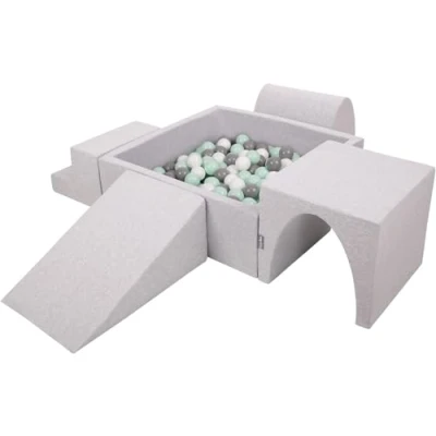 Image of KiddyMoon Foam Playground For Kids With Square Ballpit (300 Balls ∅ 7Cm/2.75In) Soft Obstacles Course And Ball Pool Made In EU, Lightgrey:White/Grey/Mint