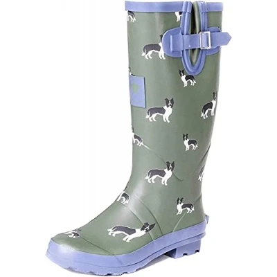 Image of Onlineshoe Flat Wide Calf Wellie Wellington Festival Rain Boots Assorted Colours 7 Sheepdog (Standard Calf)