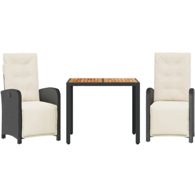 Image of vidaXL 3 Piece Bistro Set with Cushions Black Poly Rattan