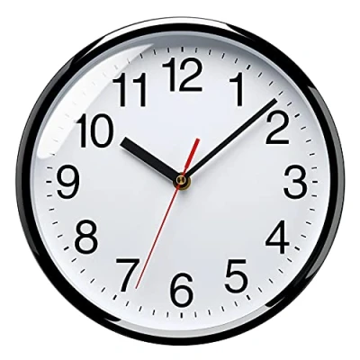 Image of Plumeet Wall Clock, 10&quot; Non Ticking Silent Quartz Black Clocks, Battery Operated, Decorative Home Office School Clock (White)