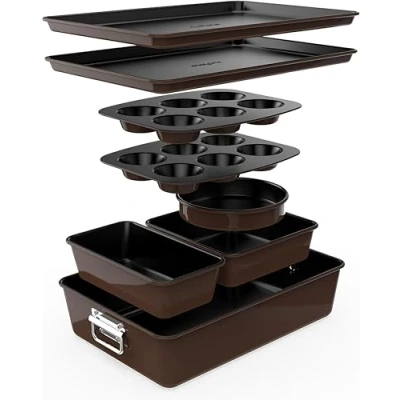 Image of NutriChef Baking Tray Set, Stackable Bakeware Trays, 8 Pcs Non Stick Oven Safe Sets w/Cookie, Loaf Pan, Pizza Muffin Tins, Cake Tin, Round/Square Pans