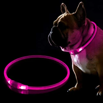 Image of LED Dog Collar, USB Rechargeable Flashing Collar for Night Safety, Adjustable, Waterproof, Bright Illuminated Dogs, One Size Fits All, Pink