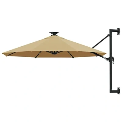 Image of vidaXL Wall Mounted Round Outdoor Parasol with LED lights &amp; Crank Mechanism, Metal Pole, UV Protective Anti Fade Polyester Fabric, Elegant and Durable 300 cm, Taupe