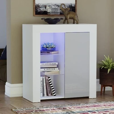 Image of Vida Designs Azura 1 Door Modern LED Sideboard in White &amp; Grey, RGB Lights (Fade/Strobe Options Included), High Gloss