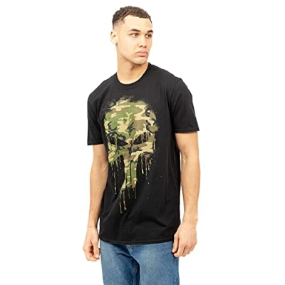 Image of Marvel Men&#039;s Punisher Skull Camo T Shirt, Black, XL UK