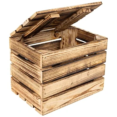 Image of Creative Deco Large Flamed Wooden Storage Box 27.5 x 20 21.5 cm with Hinged Lid Brown Colour Vintage Wood Easter Gift for Keepsake Chest