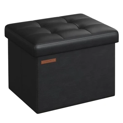 Image of SONGMICS Storage Ottoman, Foldable Small Ottoman Foot Rest, 31 x 41 cm Stool, Cube with Storage, Load up to 130 kg, for Living Room, Bedroom, Entryway, Ink Black LSF100B51