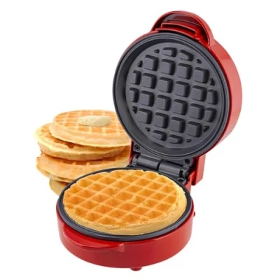 Image of Global Gourmet Mini Waffle Maker Machine Red Non Stick Coating Recipes Included Fun Snack Compact Size Indicator Light Cool Touch 550W