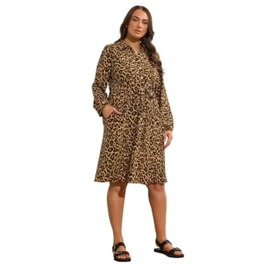 Image of EVANS Curve Natural Leopard Print Shirt Dress Women&#039;s Plus Size Brown