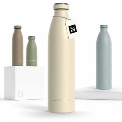 Image of LARS NYSØM Stainless Steel Insulated Water Bottle 12oz 17oz 25oz 34oz 51oz Thermo Flask for Hot and Cold Beverages Leakproof Drinking (Almond Beige, 1000ml)