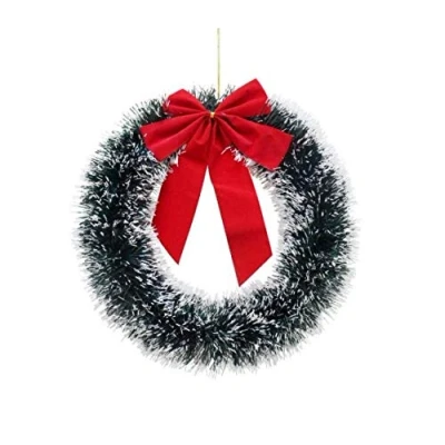 Image of 33cm Christmas Tinsel Wreath Bow Decoration Door Accessories Ornament Hanging Seasonal Festive Snow Red Ribbon Round