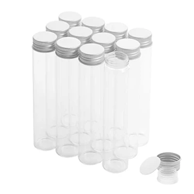 Image of 80ml Glass Clear Test Tubes with Screw Caps and Plastic Stoppers, Liquid Sample Vials, Leak Proof Flat Tubes, 12PCS