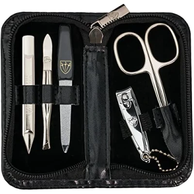 Image of 3 Swords Germany brand quality 5 piece manicure pedicure grooming kit set for professional finger &amp; toe nail care scissors clipper fashion leather case in gift box, Made by (521217)