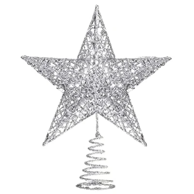 Image of AVMBC Silver Christmas Tree Topper Star Glitter Top Ornament Indoor Party Home Decoration