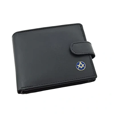 Image of Blue and Gold Masonic Coin with No G Design Black Leather Wallet