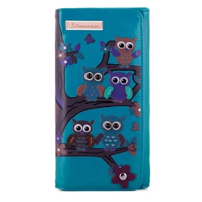 Image of kukubird Owl Family Tree Large Wallet PU Leather Bifold Card Holder with Zipper Coin Pocket Purse Blue
