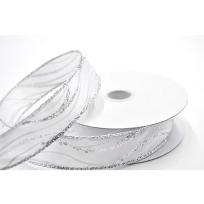 Image of Wired White with Silver Glitter Lurex Ribbon 25mm x 10m Roll (White/Silver Roll)