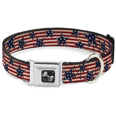 Image of Buckle Down Seatbelt Dog Collar Americana Stars &amp; Stripes Red/White/Blue/White 1&quot; Wide Fits 15 26&quot; Neck Large