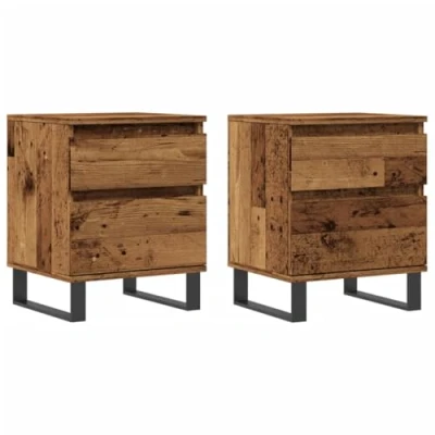 Image of vidaXL Modern Nightstands/Bedside Cabinets Set of 2 Old Wood/Brown Engineered Wood Bedroom/Interior Display Metal Legs/Decorative Top 40x35x50 cm Storage Drawer/Compartment
