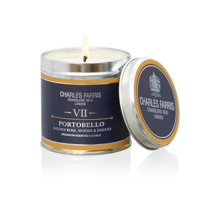 Image of Charles Farris Portobello Scented Luxury Tin Candle Golden Rose, Pomegranate &amp; Davana Hand Poured in England 40 Hours+ Burn Time