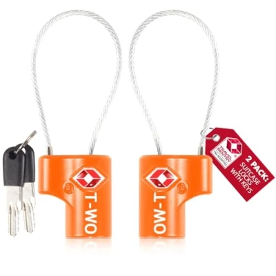 Image of OW Travel TSA Approved Luggage Locks with Keys (2 Pack Orange) Zinc Alloy Suitcase Wire Lock. Cable Lock: Padlock, Backpack Lock, Tent Padlocks