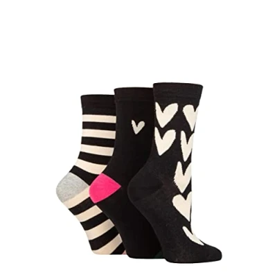 Image of Women&#039;s 3 Pair Caroline Gardner Patterned Cotton Socks All Over Hearts Black UK 4 8