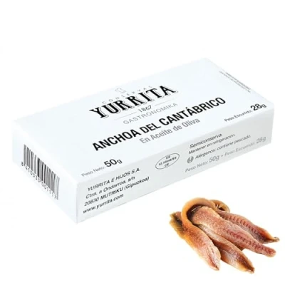 Image of Spanish Anchovy Fillets in Extra Virgin Olive Oil From Yurrita, Salt Cured Anchovies For 10 Months, 50g Tin