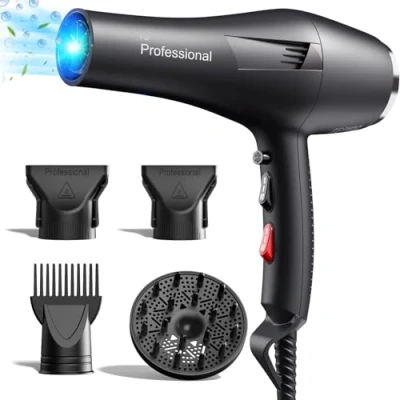 Image of HappyGoo Hair Dryer Professional Ionic Hairdryer Fast Drying Salon with 2 Speed 3 Heat Setting, Cool Button, Diffuser, Nozzle, Concentrator Comb for Women Man (Starry Black)