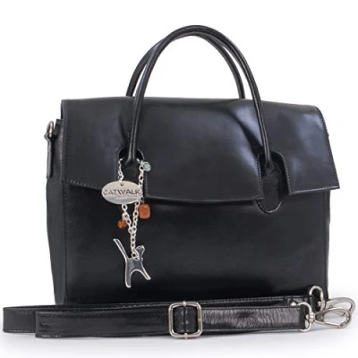 Image of Catwalk Collection Handbags Women&#039;s Leather Crossbody Bag With Top Handle Medium A5 Work Tote Detachable Shoulder Strap ELLA Black