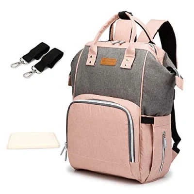 Image of SONARIN Multifunction Baby Nappy Changing Backpack with Mat,Diaper Bag,Travel Organizer,USB Interface,Waterproof, Large Capacity(Pink &amp; Grey)