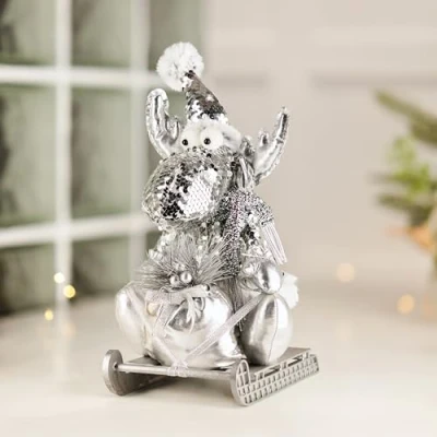 Image of HomeZone Large Silver Reindeer On Sleigh Christmas Decoration Sequined Novelty Figure Xmas Figurine Ornament Home Indoor Festive Decor