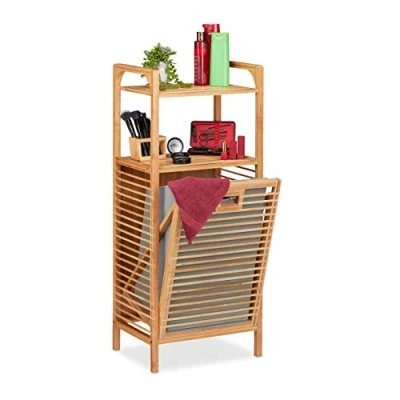 Image of Relaxdays Bathroom Shelf with Laundry Hamper, Removable Folding Fabric Box, Bamboo Frame, HWD 95x40x30 cm, Natural/Grey