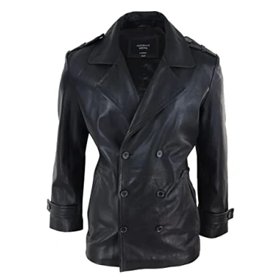Image of TruClothing Mens Real Leather 3/4 Double Breasted Pea Coat Sherlock Brown Sailor Classic Black XXL